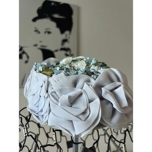 Vintage Union Made Floral Pillbox Hat Blue White Rosette 1950s 1960s Millinery